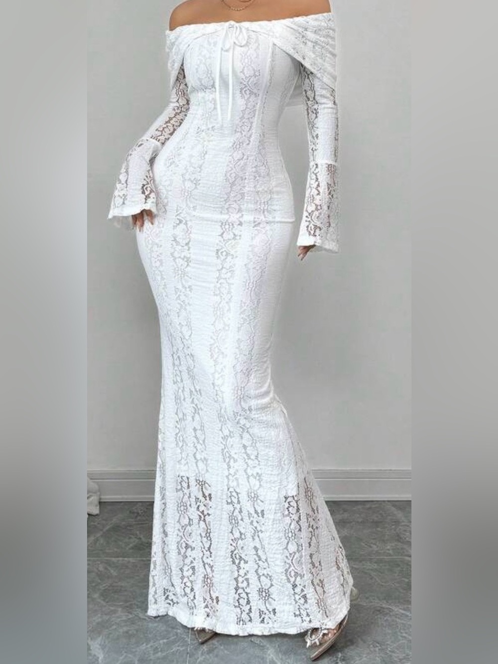 SHEIN White Off-Shoulder Lace Mermaid Maxi Dress